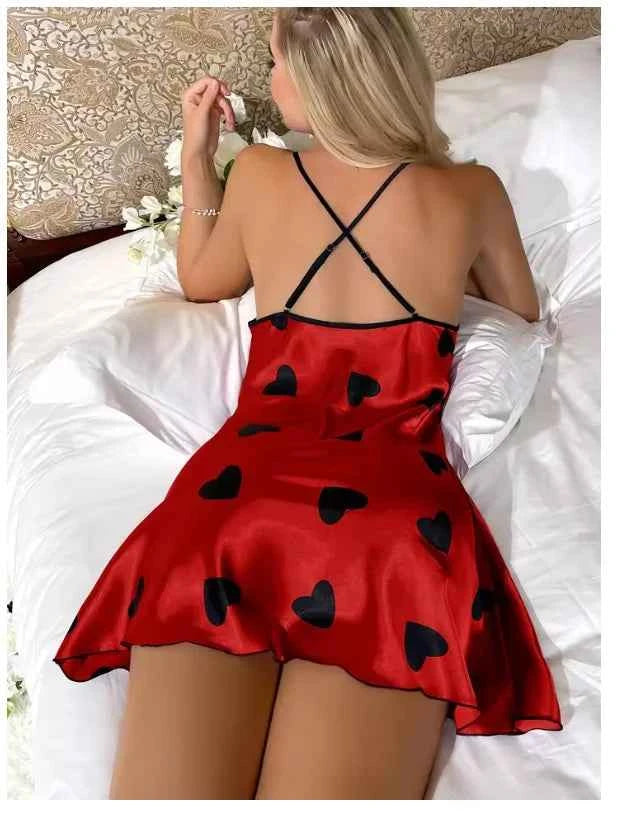 Heart Print Slip Nightdress Casual Crew Neck Criss Cross Back Sleepwear Women's Dresses