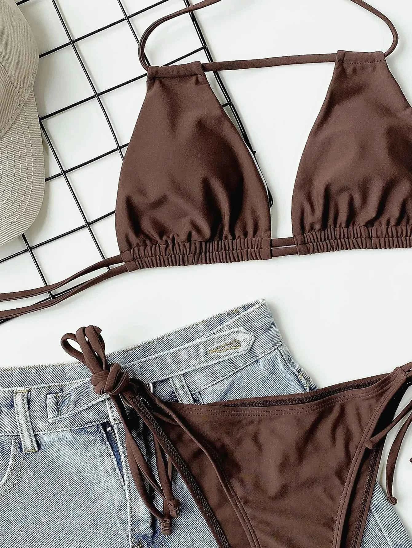 2025 Sexy Solid Bandage Bikini Halter Strappy Swimwear Women Swimsuit Female Two Pieces Bikini Set Low Waist Bathing Suit Bather