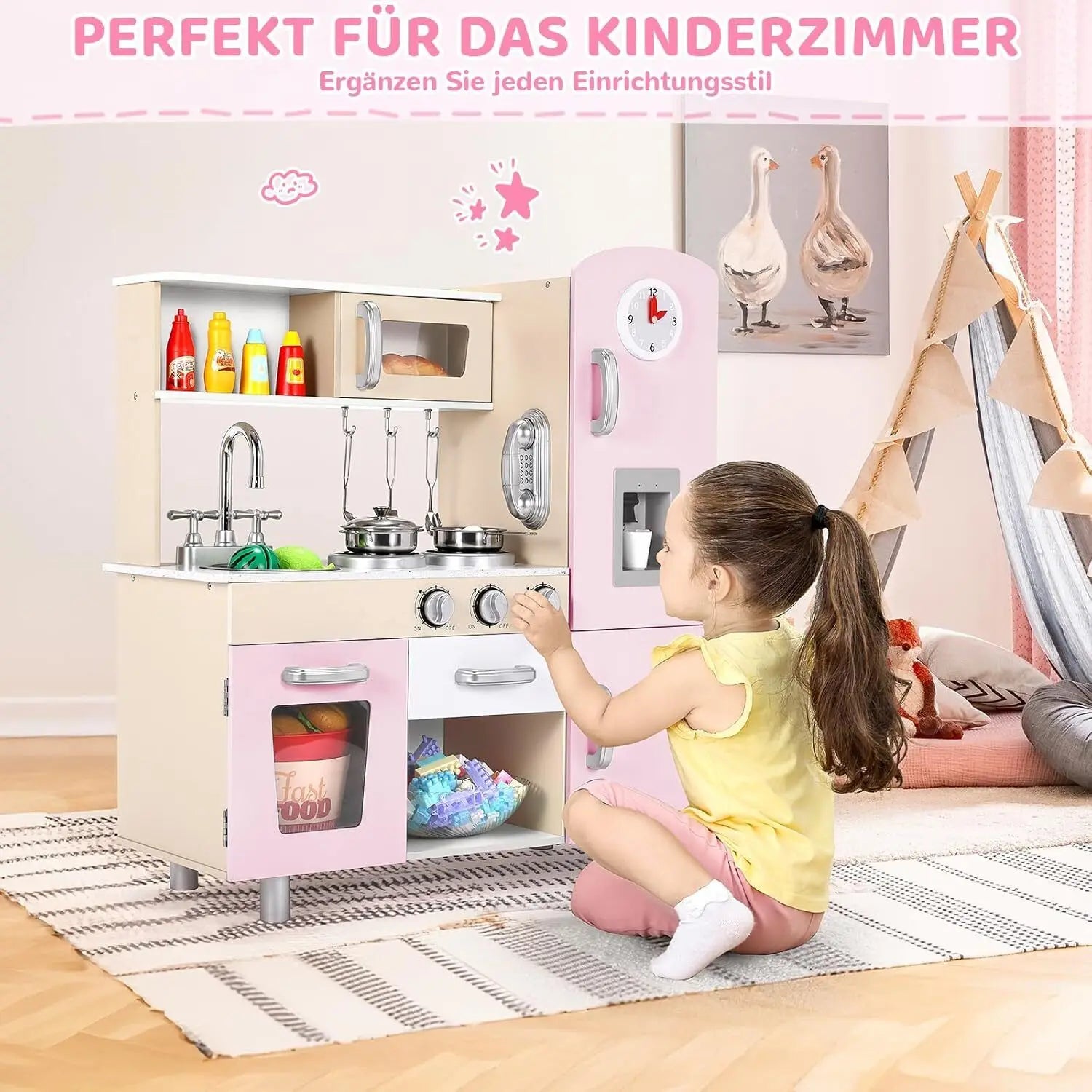 Wooden Play Kitchen Set Pretend Play Kitchen with Lights and Sounds for Kids Ages 3+, Includes Stove Oven Microwave Coffee Maker