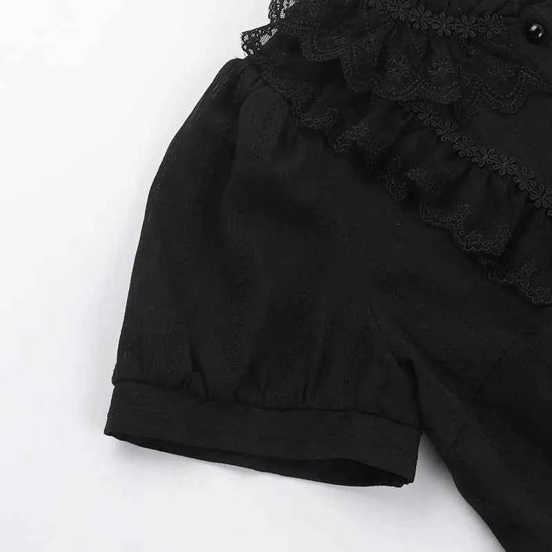 Sweet Lolita Cotton Shirts Women Vintage Gothic Black White Jacquard Short Sleeve Blouses Elegant Office Lady Y2k Tops