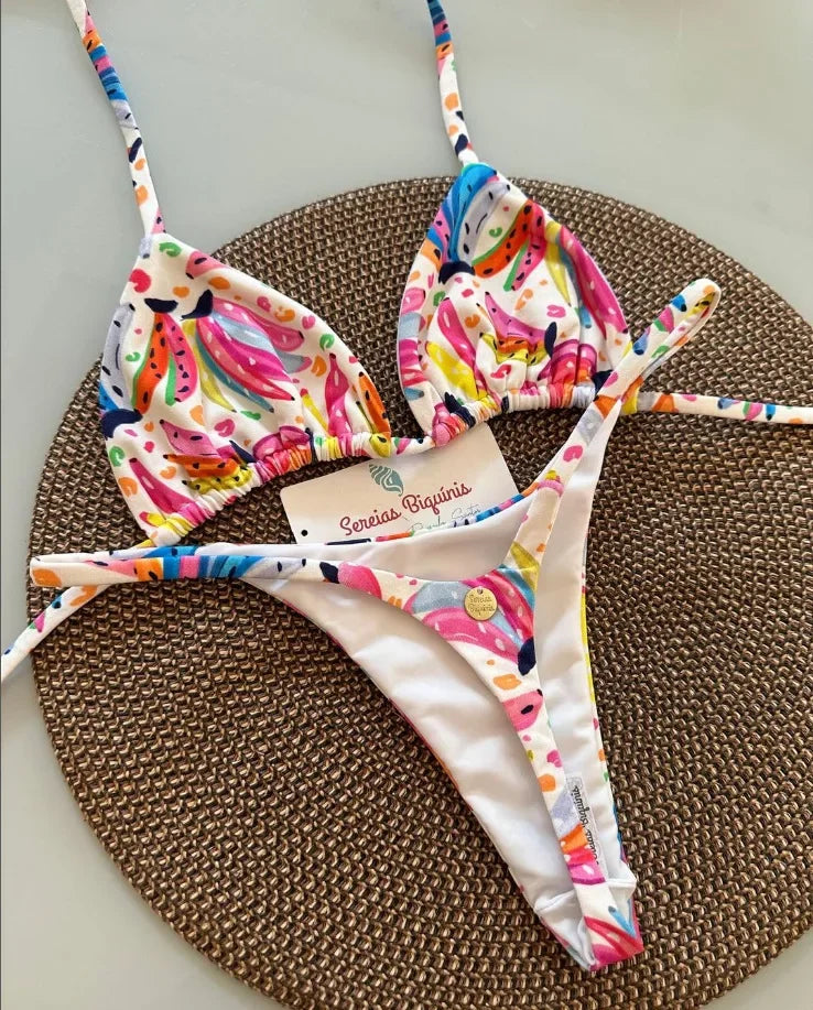 Print Sexy Bikini Sets Halter Lace-up Tops Thongs Beach Style Bathing Suit Y2k Swimsuits Women Beachwear Купальник Женский