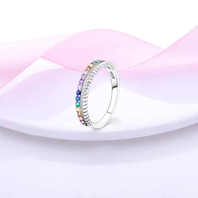MISEFF Real 925 Sterling Silver Double Rings Simple Color Zircon Rings For Wedding Engagement Birthday Silver Jewelry Gift
