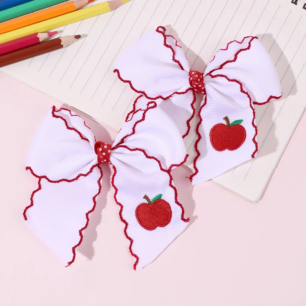 Back to School Kids Hair Bows Grosgrain Ribbon Embroidered Pencil Moonstitch Edge Hair Clips for Girls Children Hair Accesso