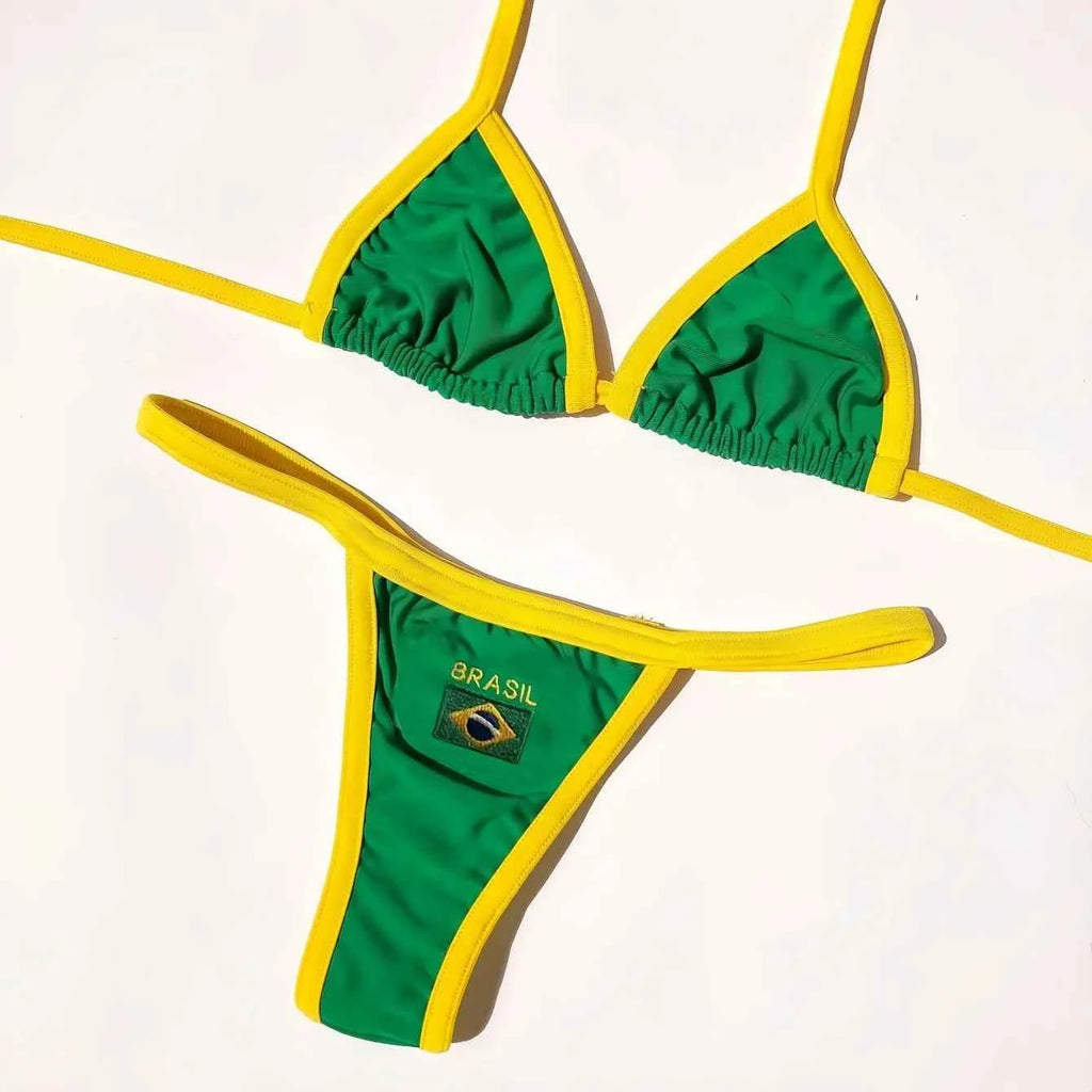 Brazilian Swimsuit Women's Sexy 2 Pieces Mini Bikini Set Triangle Halter Backless Thong Beach Bathing Suit Summer 2025 New Style