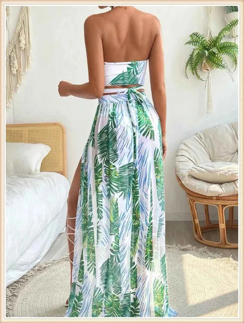 3 Pieces Print Cross Bikini 2025 Women Sexy Halter Swimsuit & Cover Up Beach Dress Swimwear Bathers Bathing Swimming Suit Summer