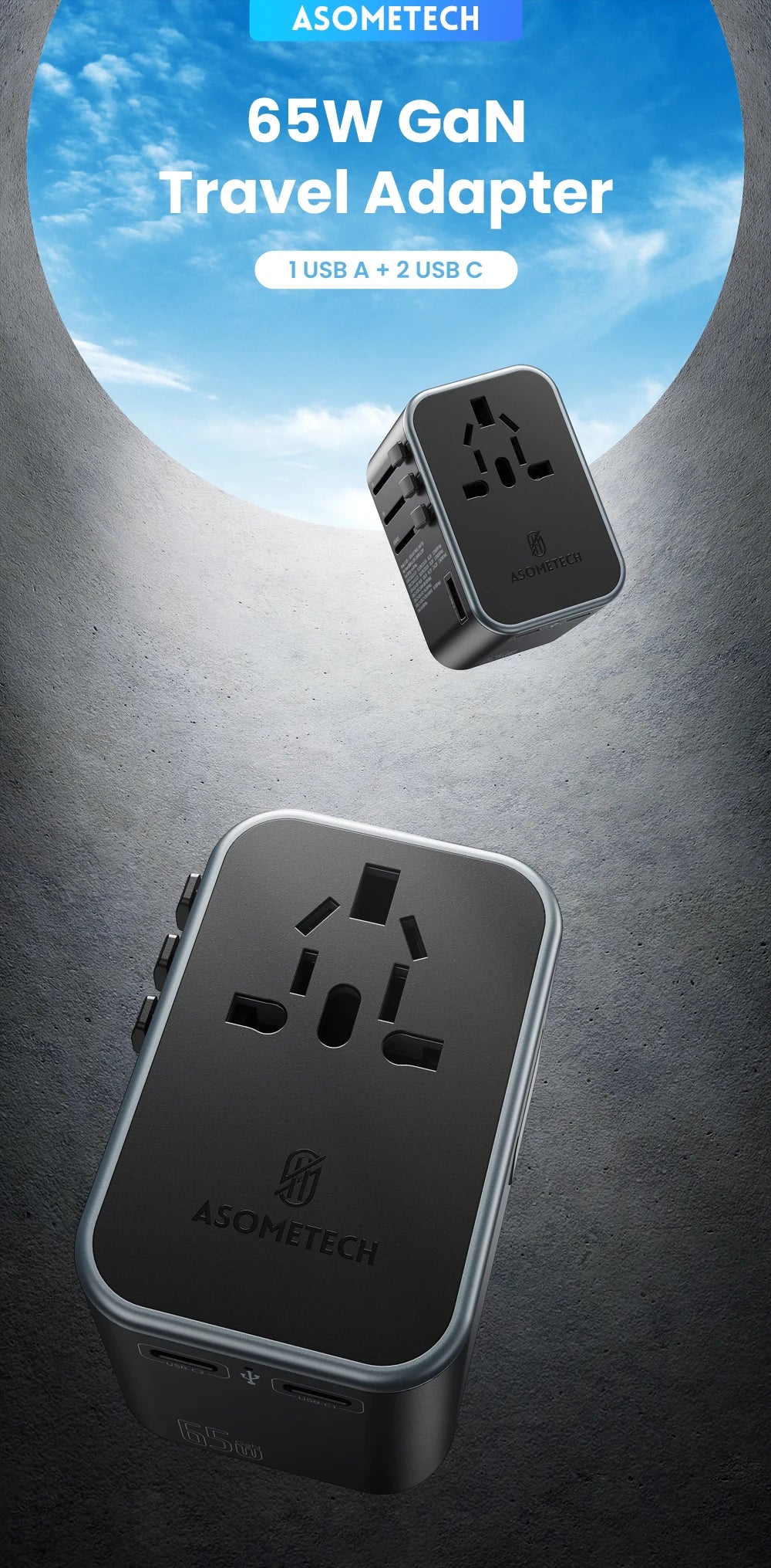 ASOMETECH 65W GaN International Travel Adapter PD3.0 QC3.0 PPS 3 USB GaN Fast Charging Adapter with EU AU US UK Plug for Travel