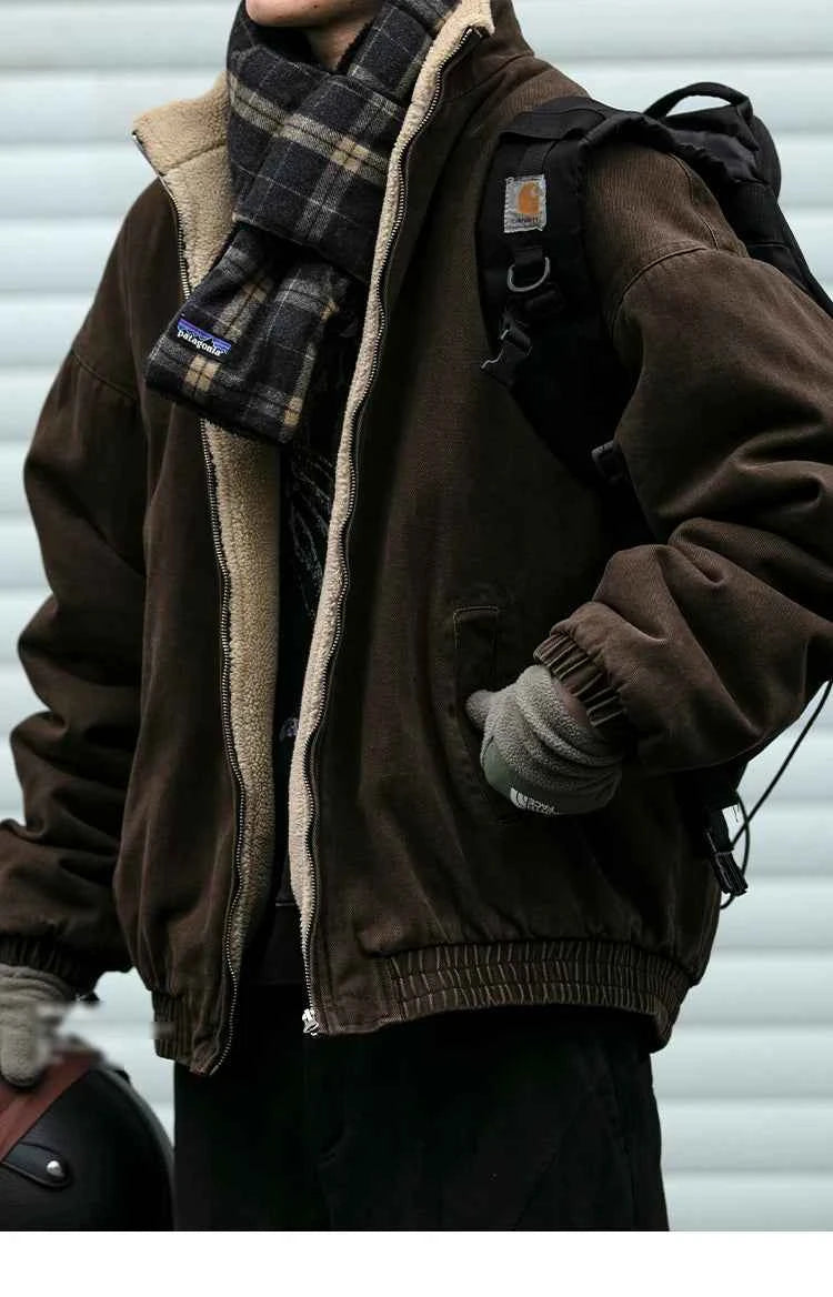 Japanese Vintage Polar Fleece Jacket Men Winter High Quality Thick Jacket Korean Streetwear Loose Couple Trendy Warm Coat Male
