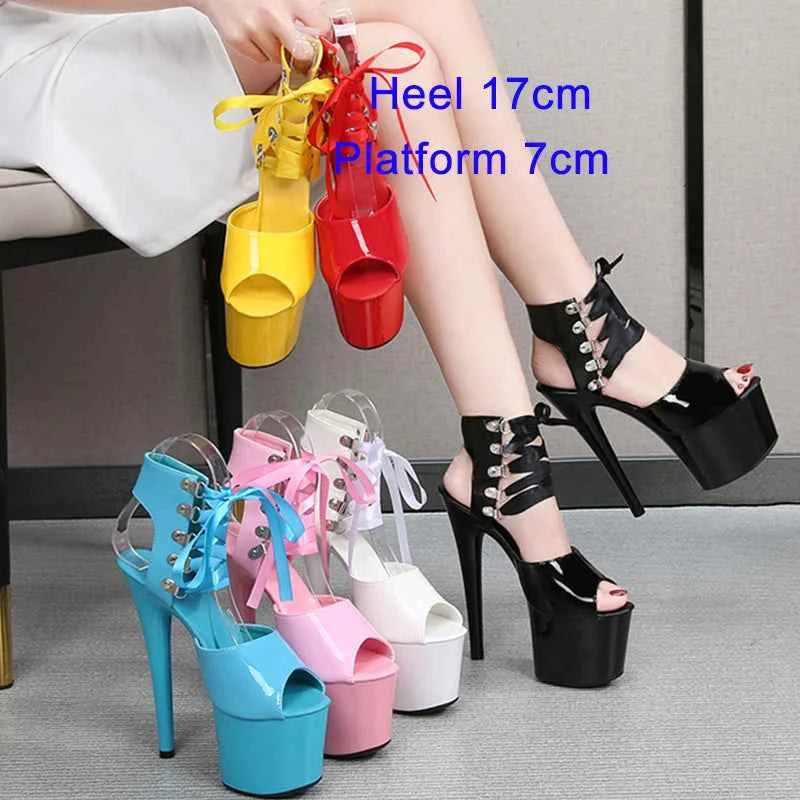 Shoes Women Platform Pole Dance Sandals 15CM 17CM 20CM High Heels Patent leather Gladiator Ladies Sandals Thick Bottom Stripper