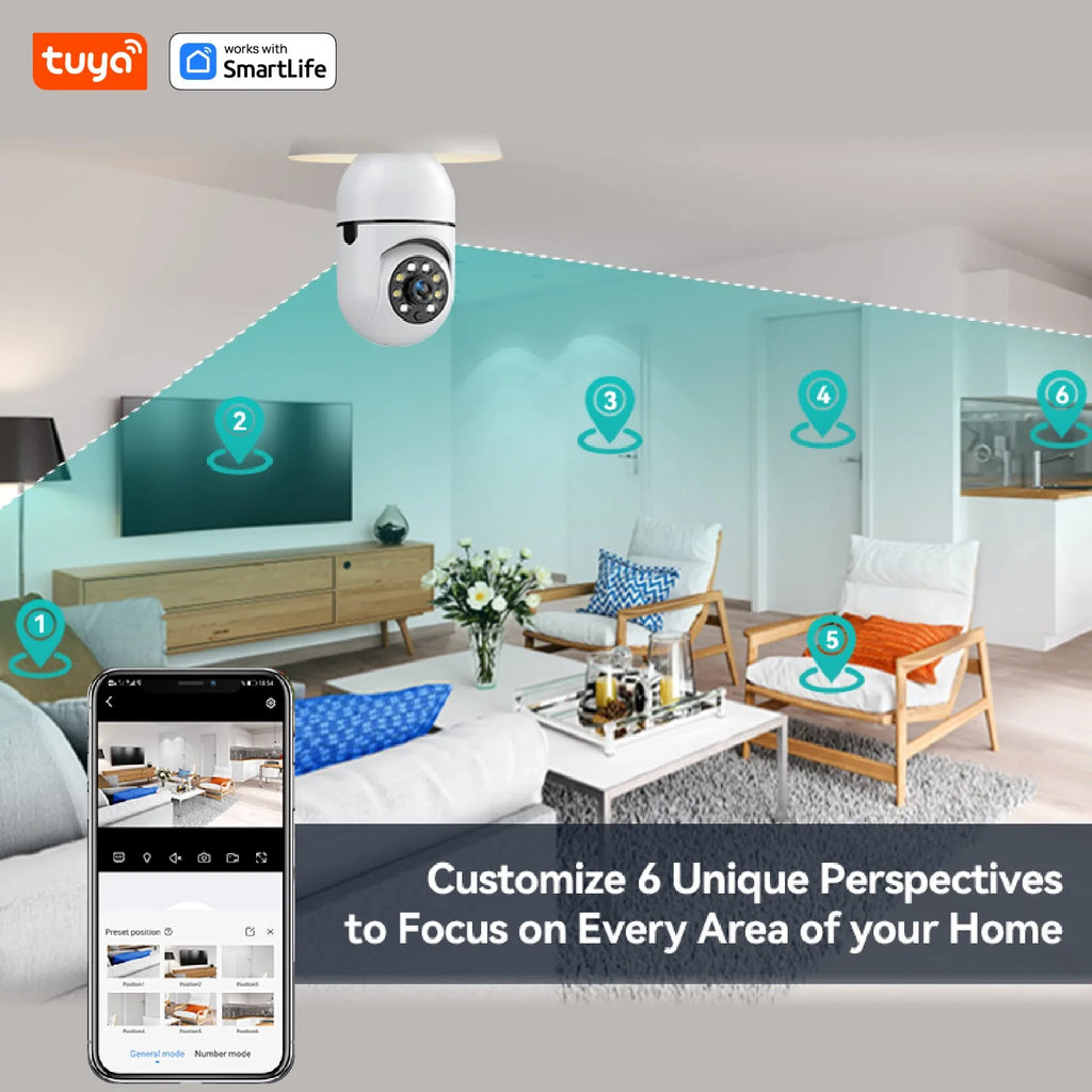 Tuya Smart E27 Security Camera 2.4G 3MP HD for Home,Baby/Elder/Pet Camera 100-240V W/Phone App,Color Night Vision 2-Way Audio
