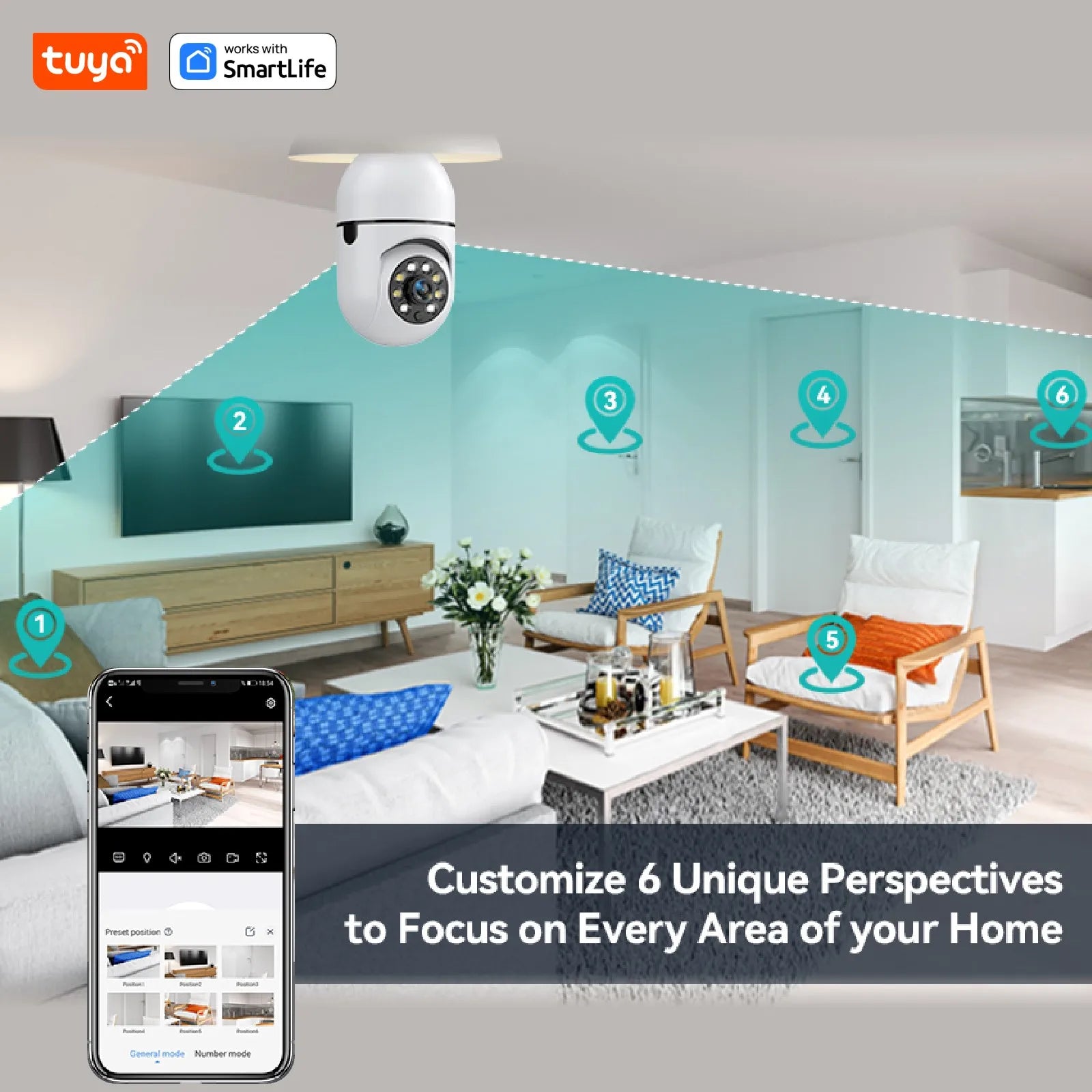 Tuya Smart E27 Security Camera 2.4G 3MP HD for Home,Baby/Elder/Pet Camera 100-240V W/Phone App,Color Night Vision 2-Way Audio