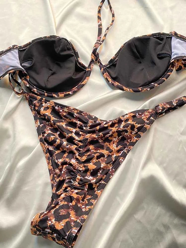 ZRTAK Leopard Swimwear Sexy Bikinis Patchwork Swimsuit Women 2025 Bathing Suit Print Bikini Sets Solid Beachwear Cup