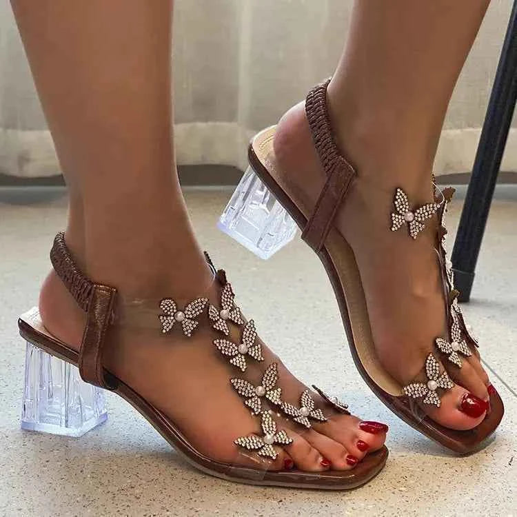 2024 Summer Rhinestone Butterfly Sandals, New Crystal and Fashion Transparent High Heels, Casual Street Women's Shoes