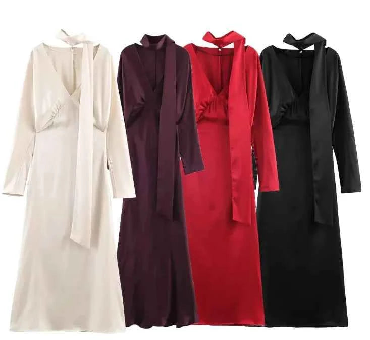 2026 New Scarf Solid Elegant Maxi Dresses Women Spring V Neck Long Sleeve Club Party Long Dress Female Chic Slim Fit Dresses