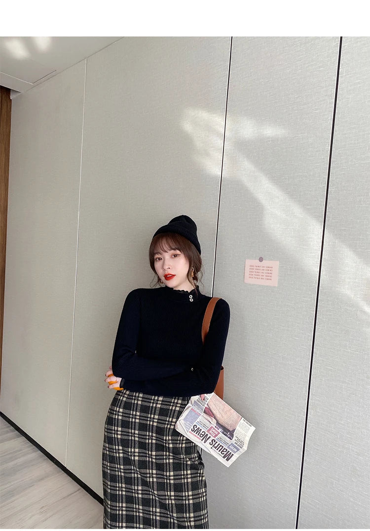 2026 Knitted Women Sweater O-neck Button Pullovers Autumn Winter Basic Sweaters for Female Pullover Slim Solid Bold Lace Tops