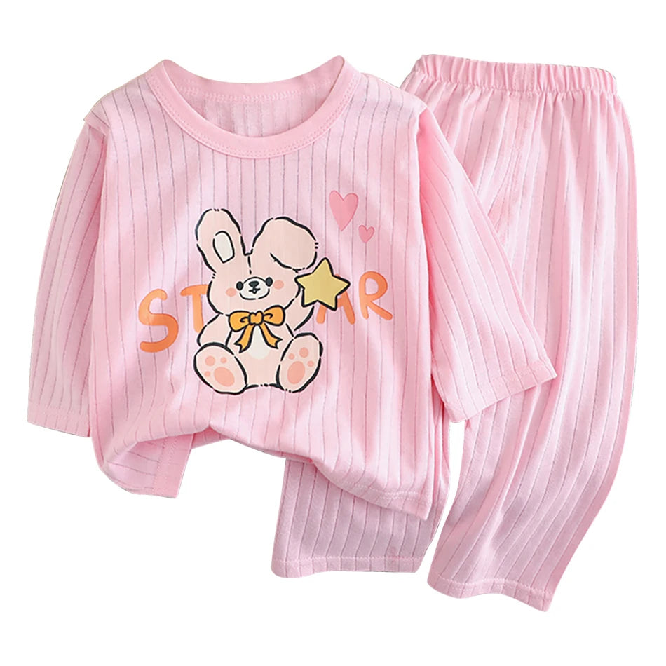 Summer Kids Cotton Pajama Sets Long Sleeve Pants Suitable Baby Gentle Nighttime Comfortable Sleepwear in Air Conditioned Rooms