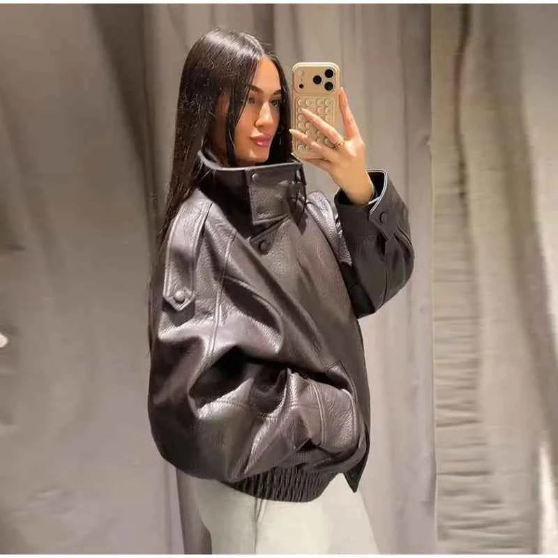 Vintage PU Leather Women's Jacket Stand Collar Zipper Button Coats Female Long Sleeve Outerwear Spring Lady Street Jackets