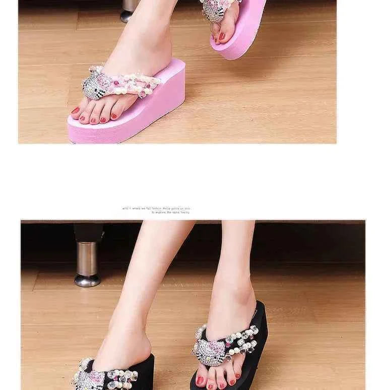 Hello Kitty Kawaii Soft Flip Flop Sandals Y2k Beach Slides Shoes Women Casual Wedge High Heels Platform For Slippers Ladies Gift