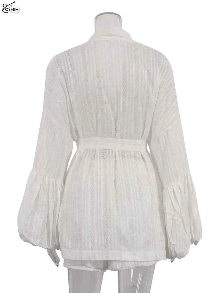 Oymimi Fashion White Cotton Women's Two Pieces Set Elegant Puff Sleeve Loose Lace-Up Shirts And High Waisted Shorts Female Sets