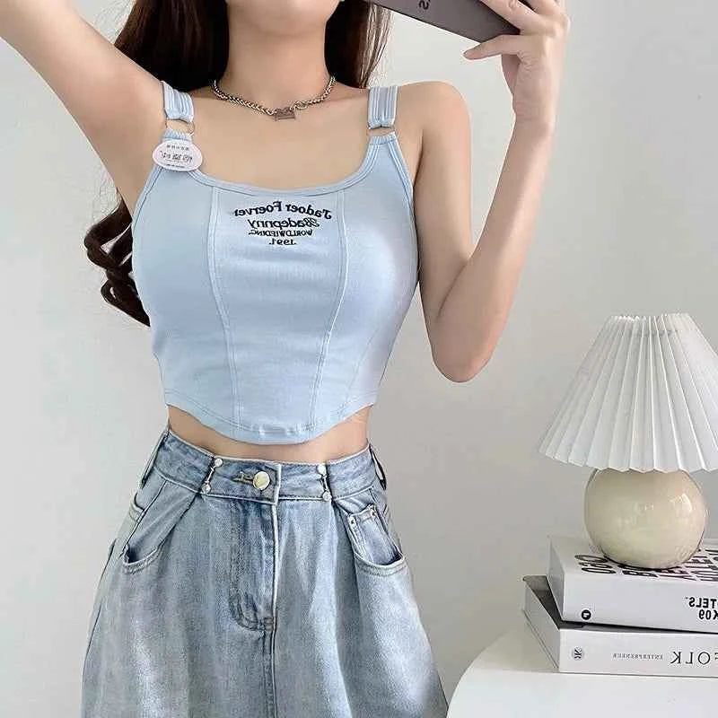 Women Crop Top Summer Y2K Lrregular Hem Slim Tank Tops Casual Sexy Female White Streetwear Letter Tank Tops With Pad Woman