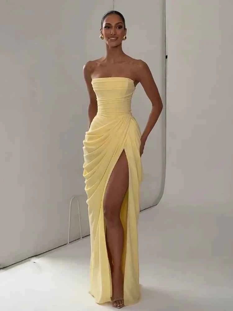 Women Sexy Solid Pleated Strapless Dress Lady Chic Off-shoulder Backless High Waist Split Dresses  Evening Party Gown 2026 New