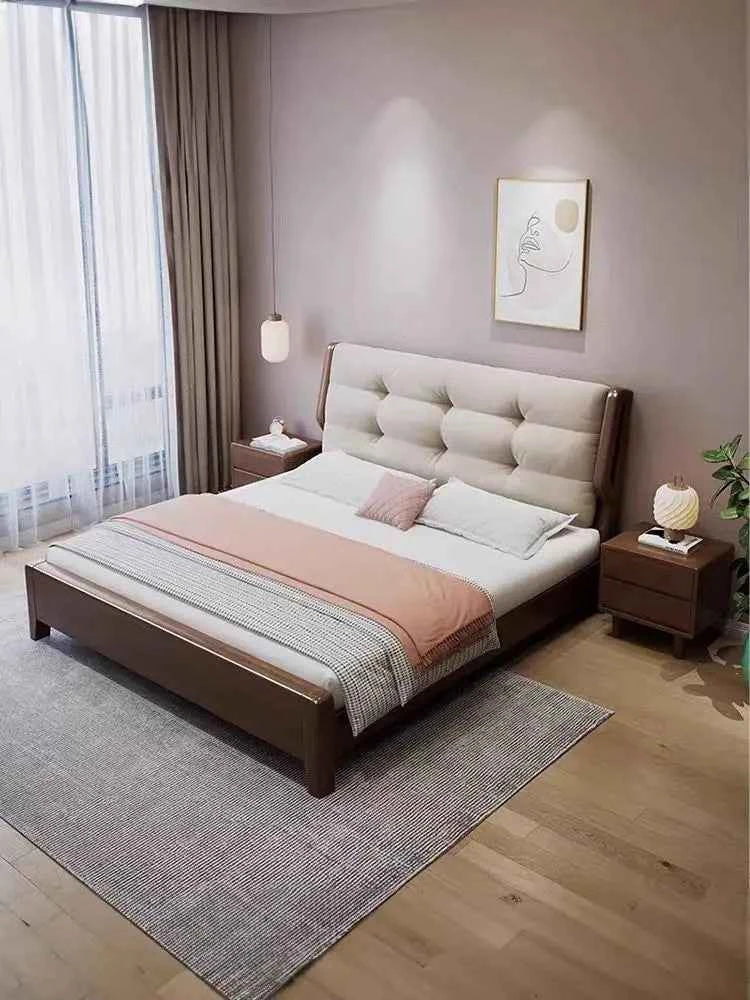 Home Furniture Bedroom Heavy Duty Wood Platform Dormitory Bed with Wood Headboard, Modern Double Bed Frame