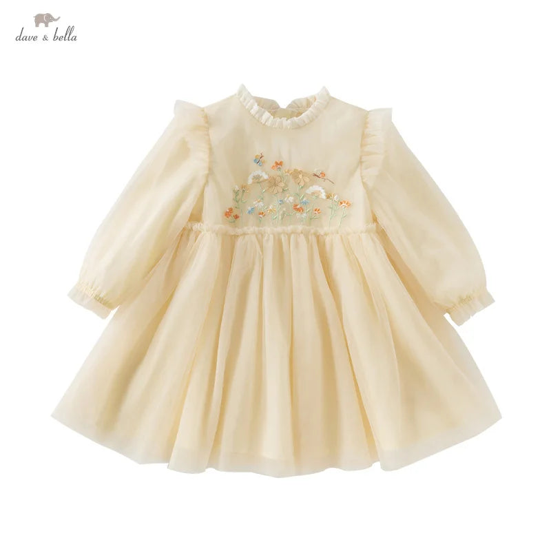 Dave Bella Princess Dress for Girls Baby Children 2025 Spring Long Sleeved Charm Mesh Embroidery Floral Gentle Cute DB1250434