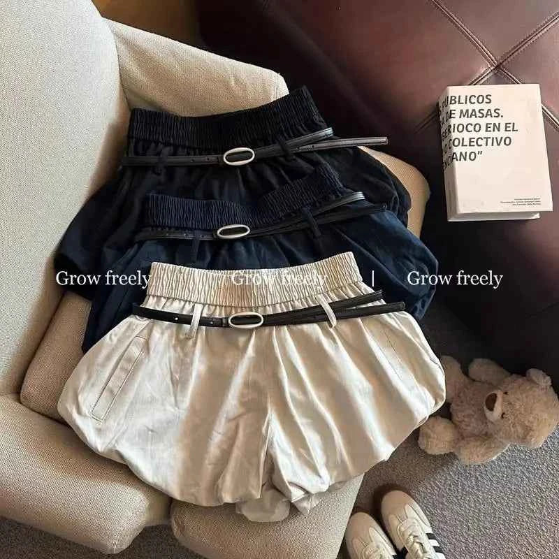 Women High Waist Casual Summer 2025 Elastic Waist Shorts Korean Style Blooming Skirt Pants with Belt