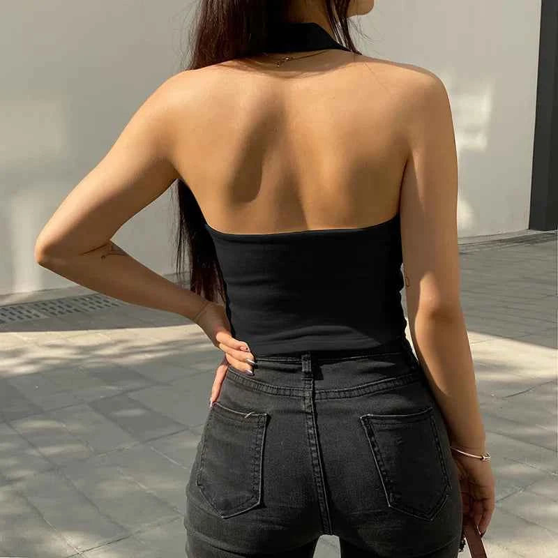 Women's Sexy Spice Hanging Neck Backless Small Suspenders Slim Short Neckline Solid Color Threaded Peplum Short Tops