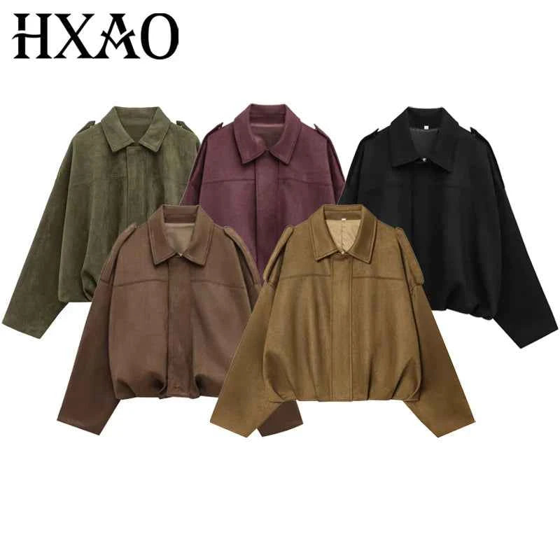 HXAO Suede Cropped Jacket Women's Bomber Jacket Oversized Batwing Sleeves Outerwears Lady Casual Loose Coat Street Style Jackets