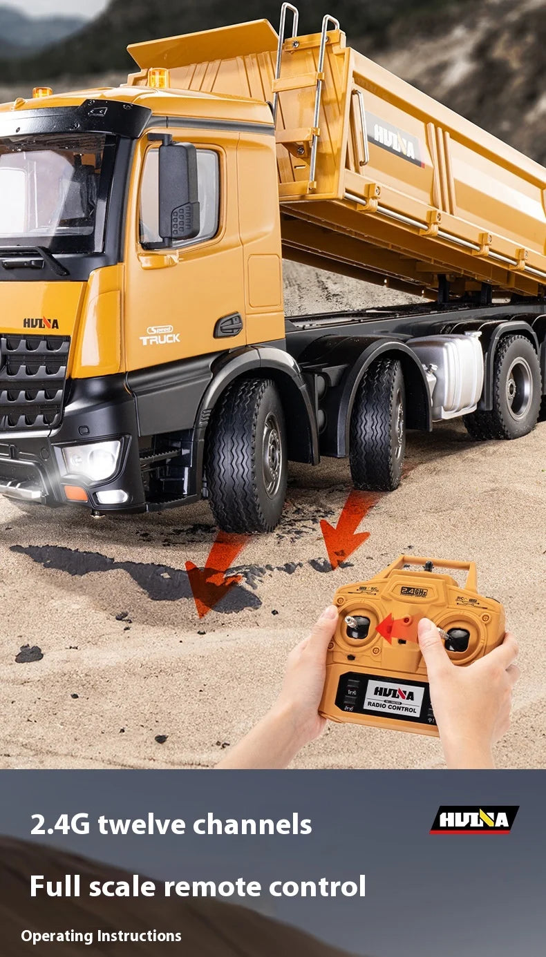 HUINA 1536 2.4G 1/14 15CH RC Metal Dump Truck Toy Die-cast Remote Control Construction Rc Truck for Boy Children Toys Xmas Gifts