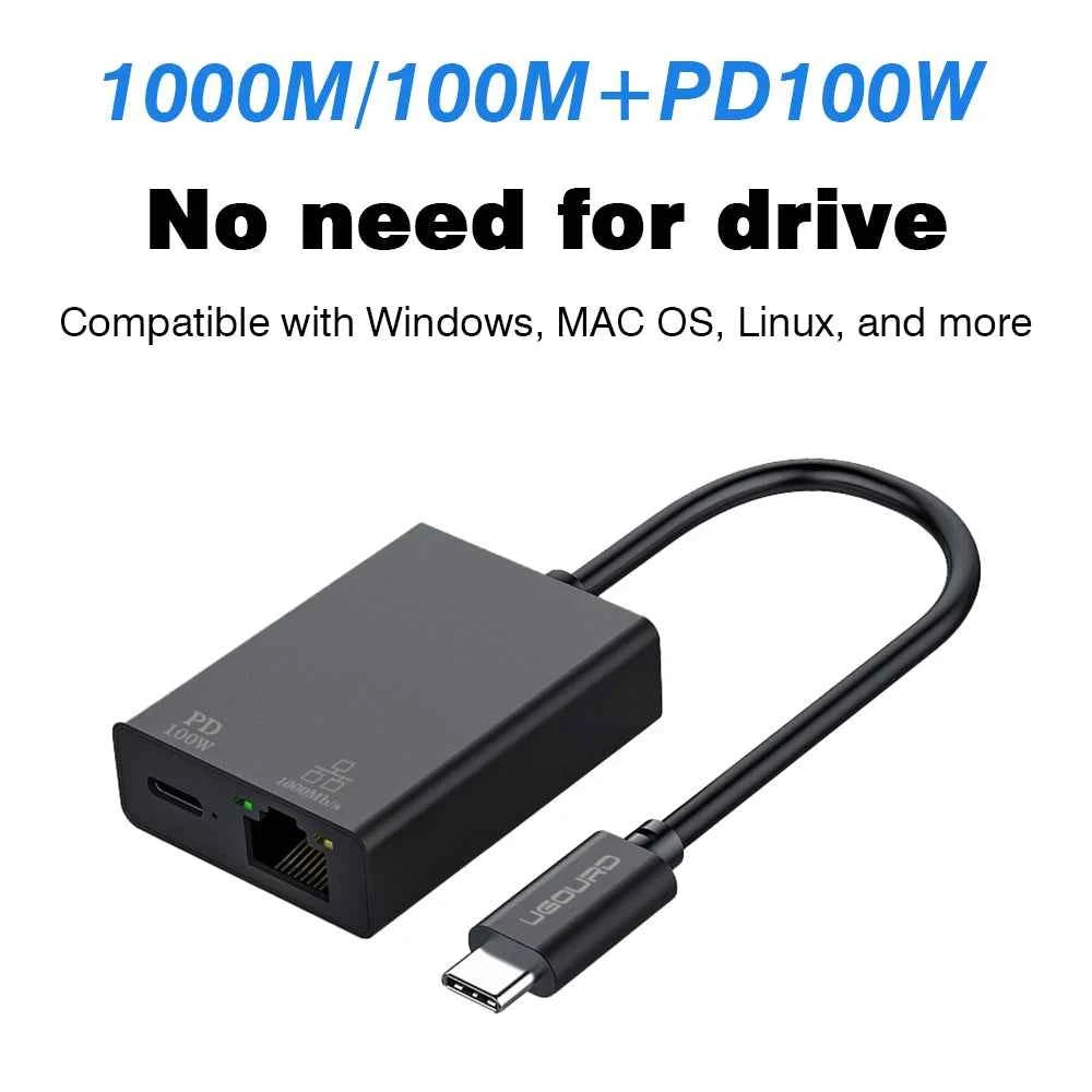 UGOURD 100Mbps 1000Mbps USB C Ethernet Adapter with Charge 100W USB3.0 2.5 Gigabit Network Card USB to RJ45 Lan Cable Converter