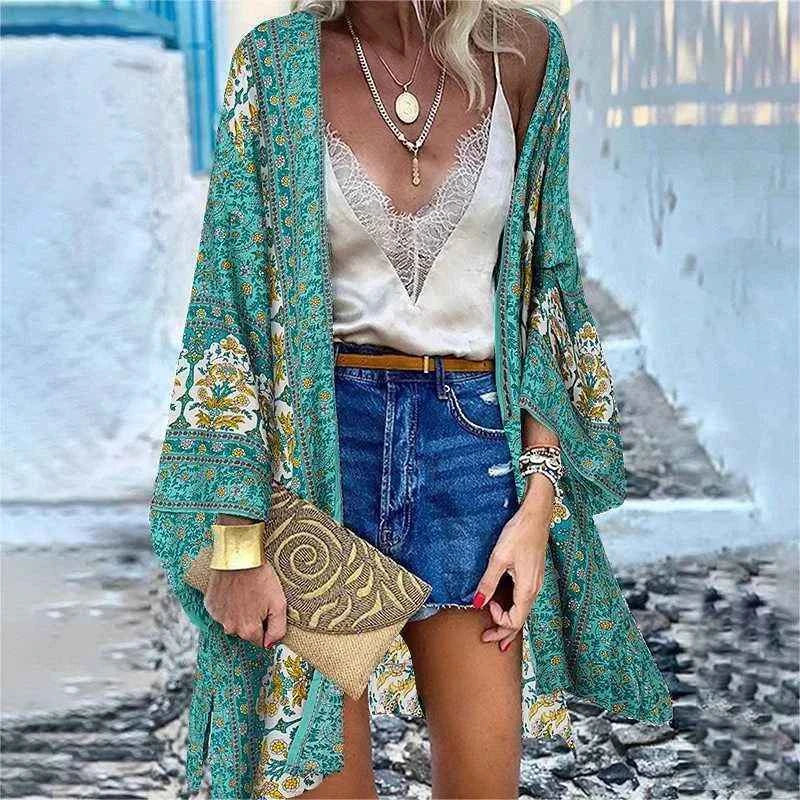 New Summer Bohemian Beach Printed Cardigan Jacket Long Sleeve Leisure Holiday Beach Swimsuit Blouse Shawl Long Coat M-5XL