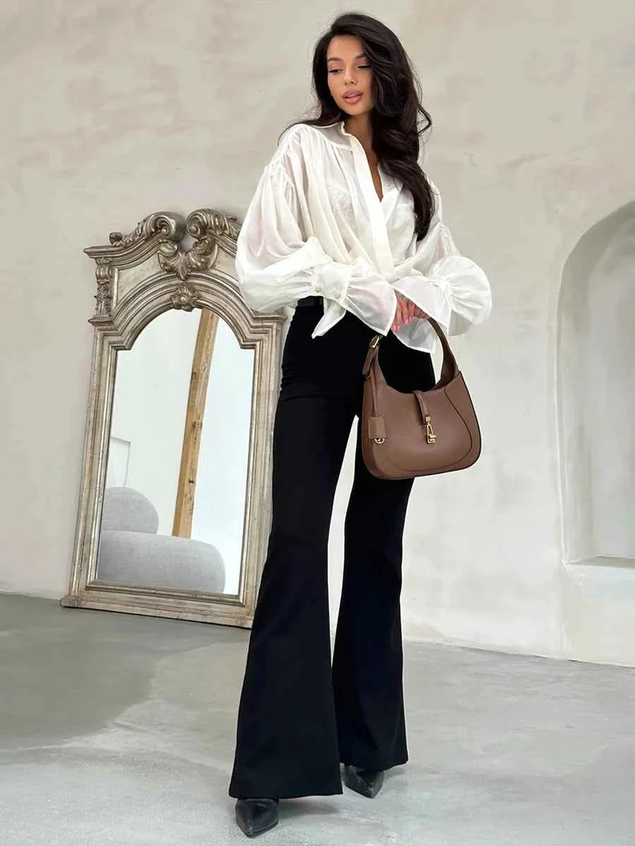 Bornladies Autumn Women's Fashionable Loose Collared Shirt Office Lady Solid Color Versatile Flare sleeve Top Long Sleeved Shirt