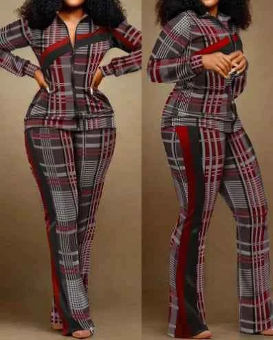 Two Piece Set Women Outfit 2023 Autumn Fashion Geometric Print Stand Collar Long Sleeve Zip Up Top & Casual Sporty Pants Set
