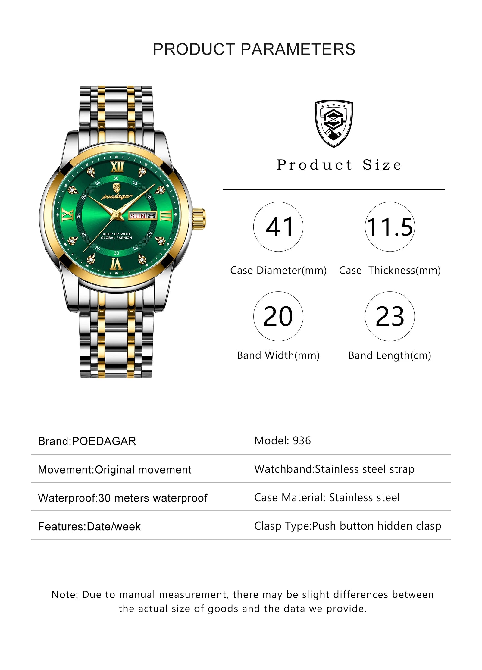 POEDAGAR Original Classic Man Watch Waterproof Luminous Date Week Watches for Men Quartz Stainless Steel Luxury Men's Wristwatch