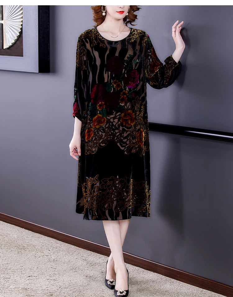 Large Size Gold Velvet Dress Women's Autumn New High-End Mulberry Silk Burnt Flower Dress Luxurious Temperament Vestidos