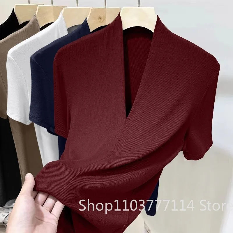 Summer Threaded Women's Short-sleeved T-shirt Fashion Versatile Base Shirt Plus Size Slim Fit V-neck T-shirt Casual and Sexy Top