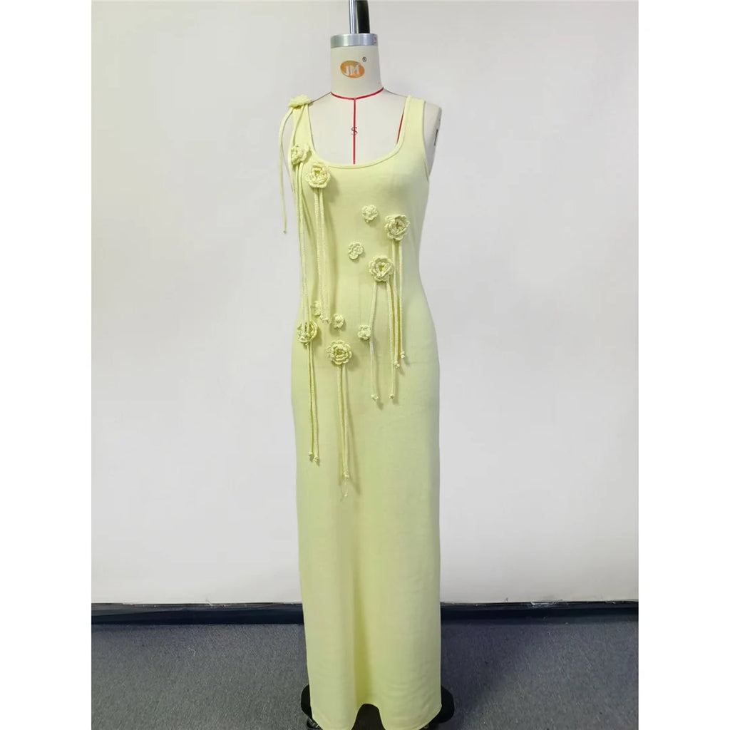 Beachwear Cover-ups Knitted Beach Dress Women Vacation Fashion 3D Flower Slim Holiday Outfits Summer Maxi Party Dresses V6181