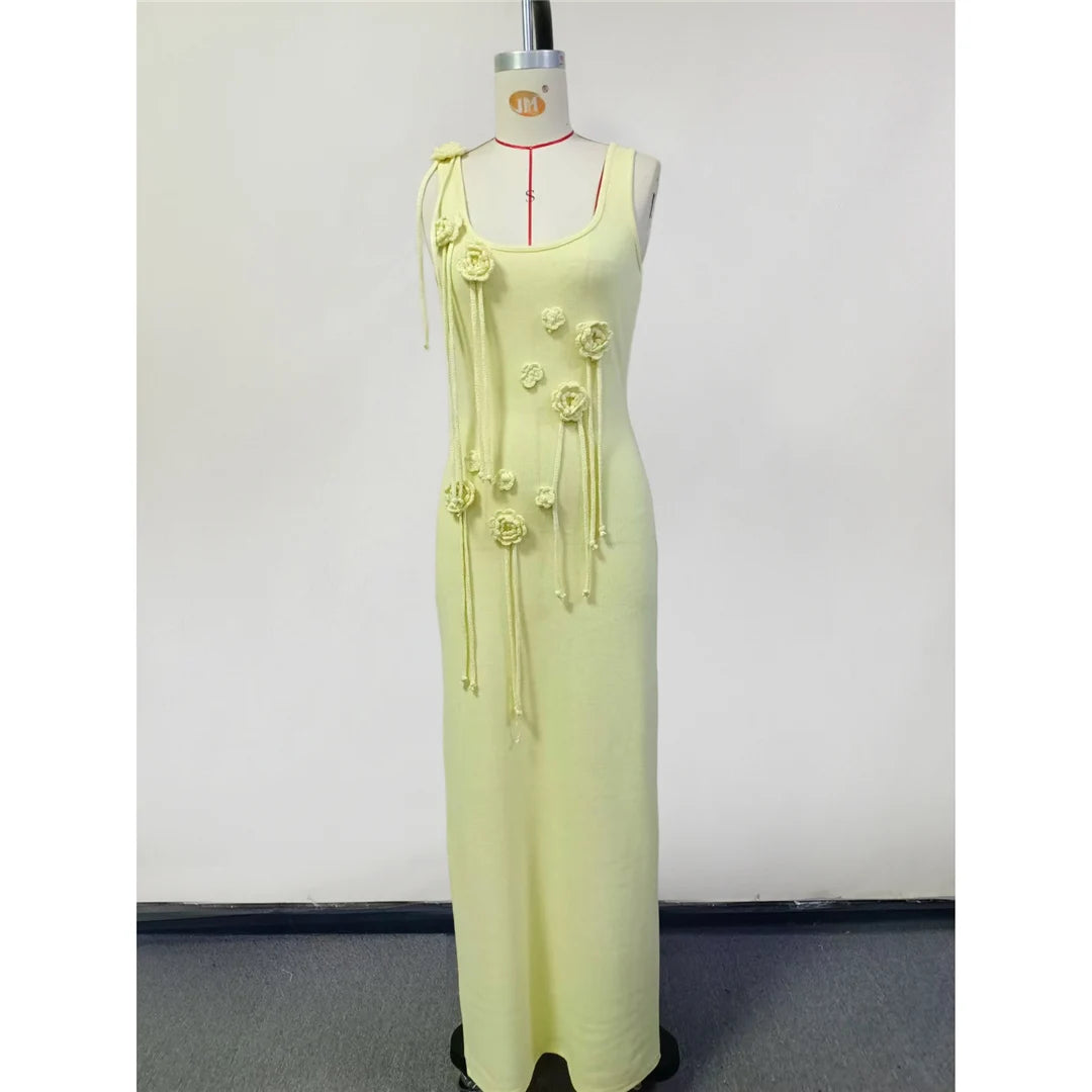 Beachwear Cover-ups Knitted Beach Dress Women Vacation Fashion 3D Flower Slim Holiday Outfits Summer Maxi Party Dresses V6181