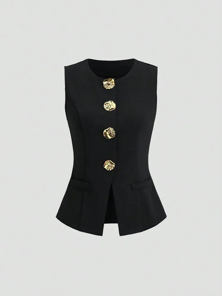 Fashionable Little Fragrance Style Women's Sleeveless round Neck Vest Waist-Cinching Pure Color Cross-Border Women's Jacket