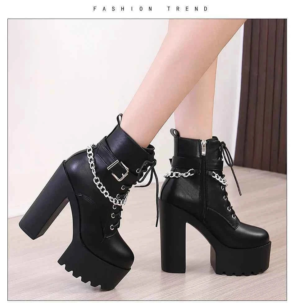 Gdgydh Gothic Buckle Strap Ankle Boots Women Faux Leather Platform Block Chunky Heels Chain Ultra High Heels Motorcycle Boots