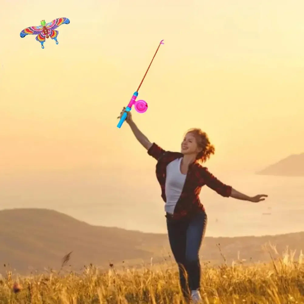 Children Kite Toy Cartoon Eagle Foldable Mini Plastic Toys Kite Hand Brake Fishing Rod  Butterflies For Kids Outdoor Toy For Fun