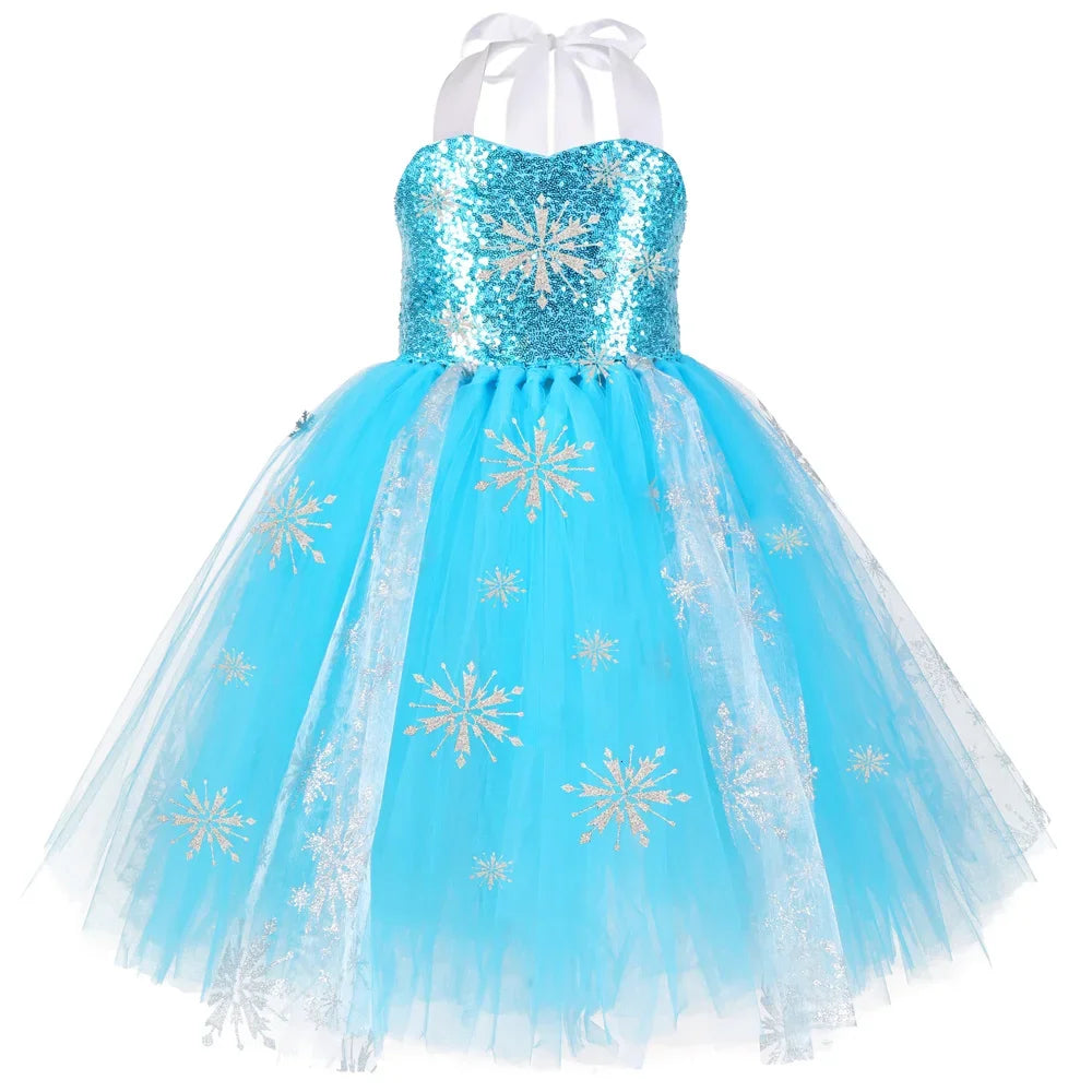 Sequins Elsa Costume for Girls Sky Blue Snow Queen Tutu Dress Snowflake Kids Halloween Birthday Carnival Party Princess Costume