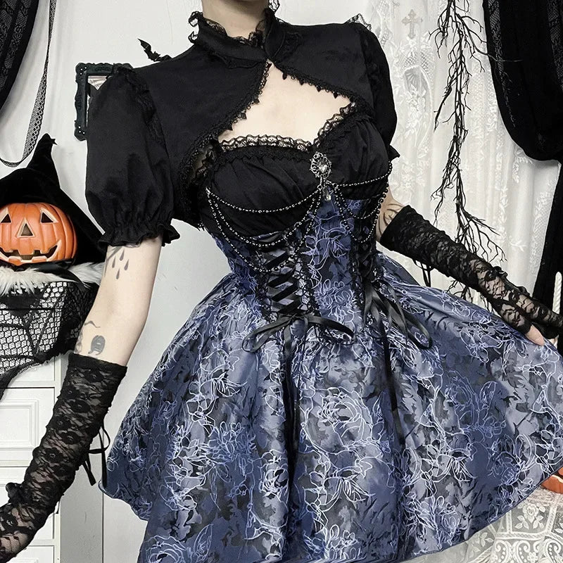 2024 New Vintage Gothic Purple Mini Dress Women Sexy Spaghetti Strap High Waist Dresses Punk Grunge Slim Party Club Dress Women