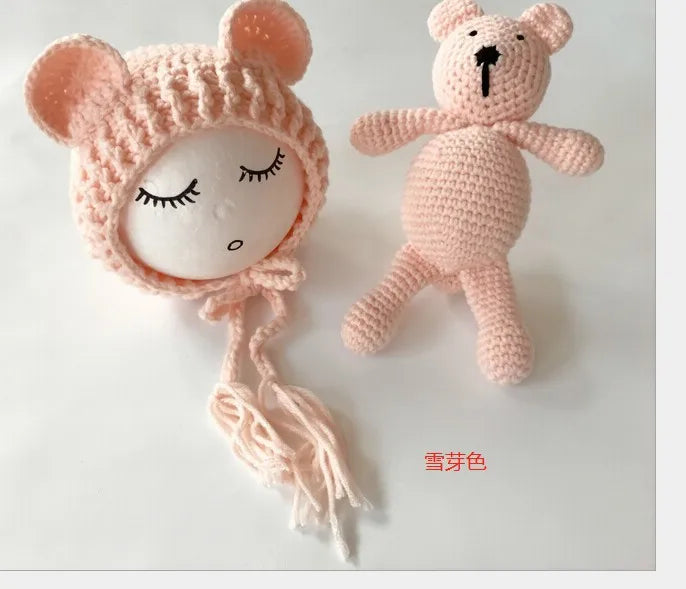 Newborn Photography Props Baby Bear Caps Rabbit Dolls Girls Boy Infant Baby Crochet Knitted Hat Photoshoot Accessories