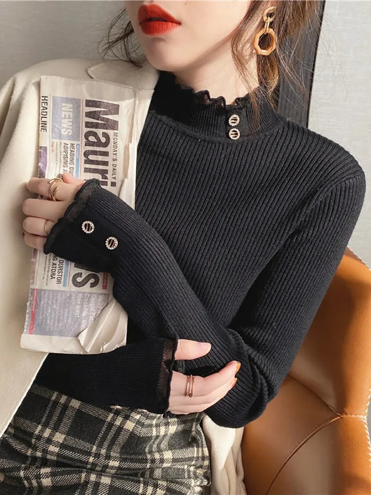 2026 Knitted Women Sweater O-neck Button Pullovers Autumn Winter Basic Sweaters for Female Pullover Slim Solid Bold Lace Tops