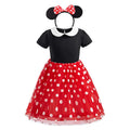 Children Casual Clothes Summer Short Sleeve Dots Girls Dress Kids Peter Pan Collar Cute Birthday Costume with Mouse Ear Headband