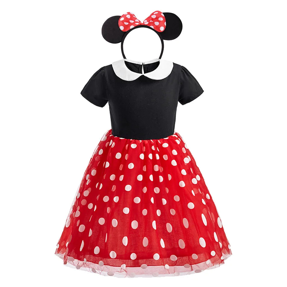 Children Casual Clothes Summer Short Sleeve Dots Girls Dress Kids Peter Pan Collar Cute Birthday Costume with Mouse Ear Headband