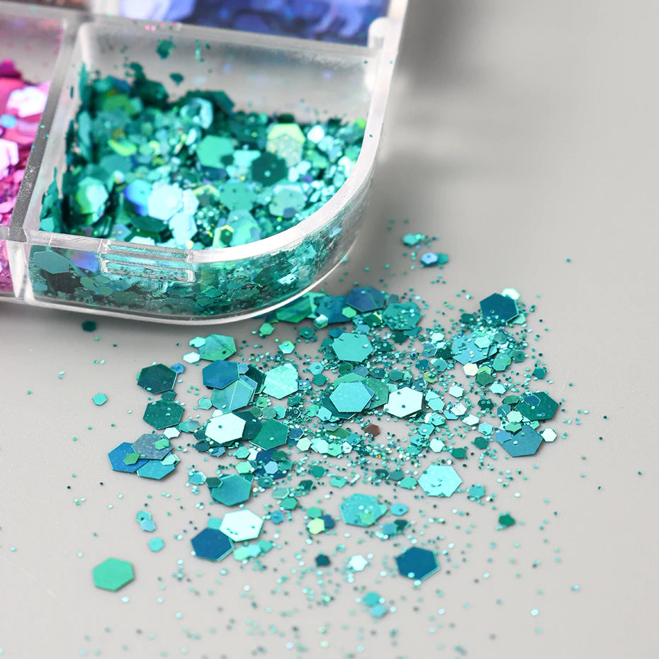 12 Colors Sparkly Holographic Nail Art Glitter Sequins Laser 3D Hexagon Flakes Nail Powder Makeup Nail Art Decorations Manicure