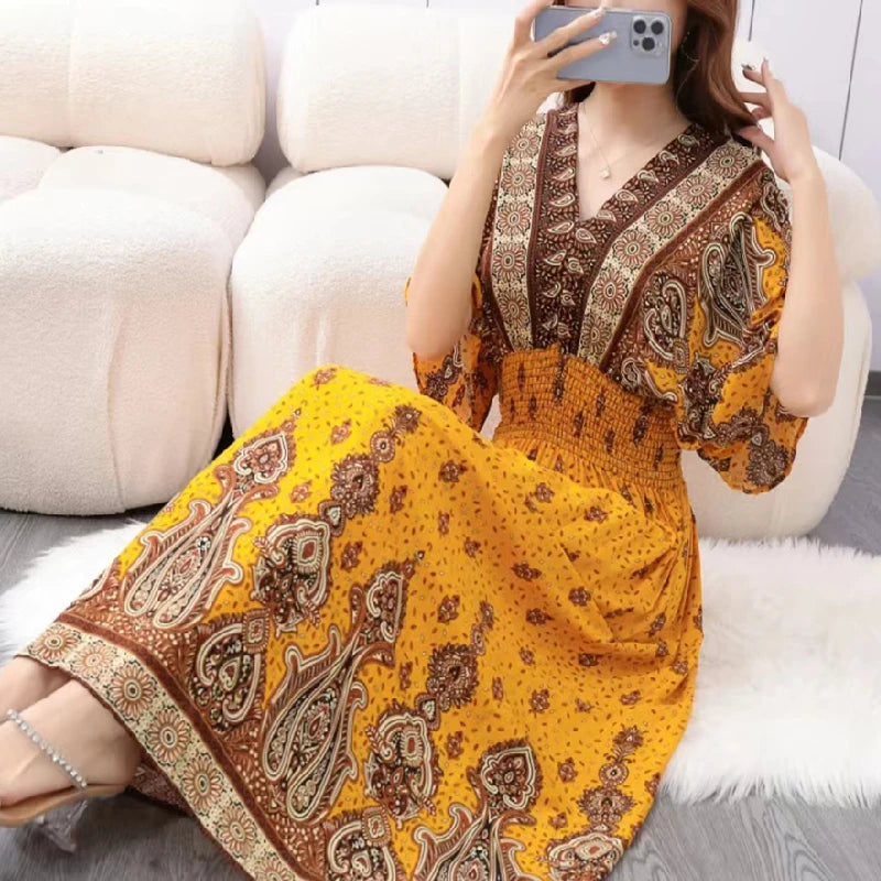 Colorful Flower V-neck Elastic Youthful Bohemian Sweet Midi Dress Woman Clothes Chic Fashion Summer Dresses 2025 Large Swing Ski